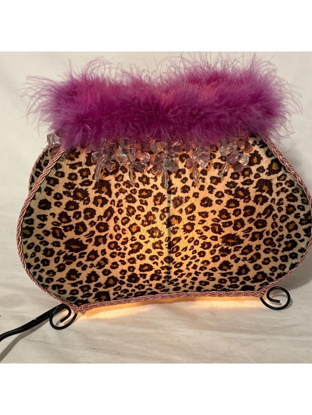 Animal Print Purse Clutch Table Lamp Dangle Beads Leopard Print Pink Faux Fur